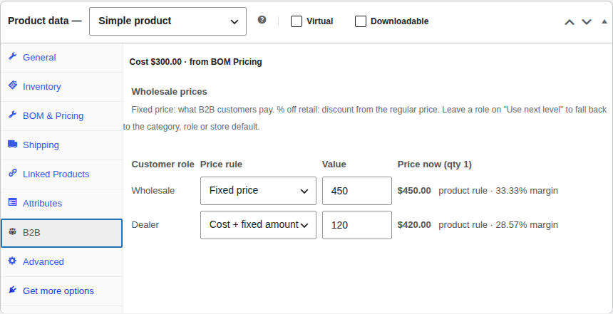 A product's B2B tab with a rule per role, the price that role pays now and its margin