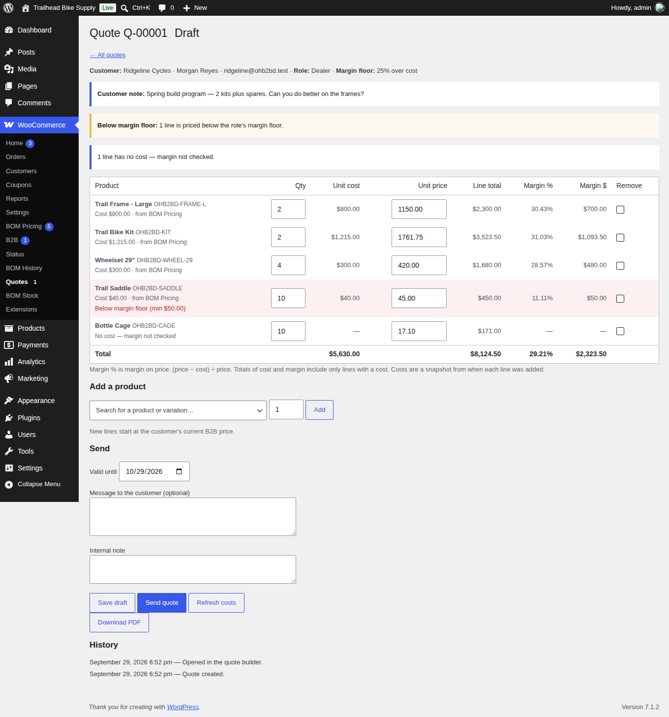 The quote builder showing cost, price, margin percent and margin dollars on every line