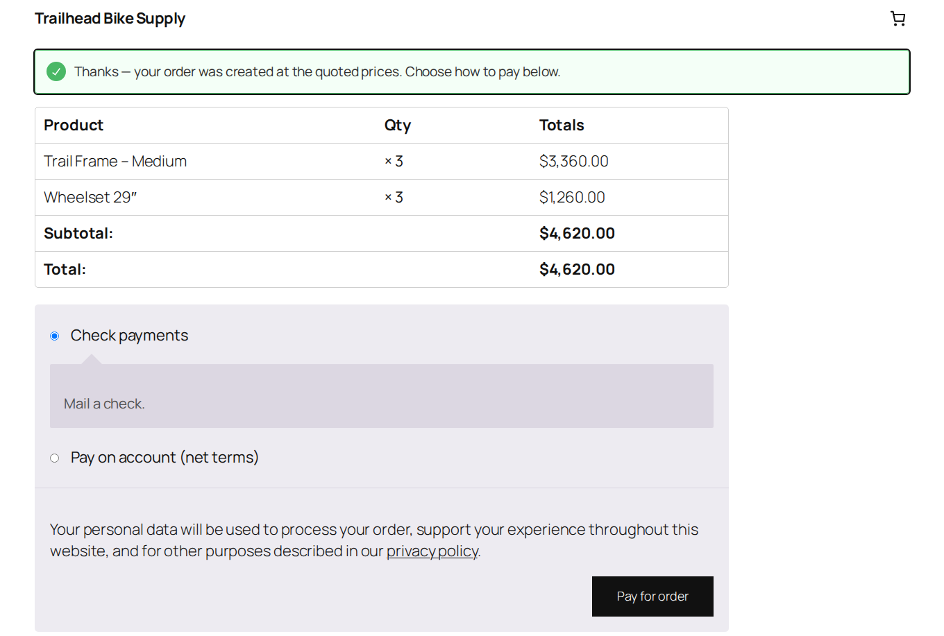 A customer paying for an accepted quote with the Net terms payment method