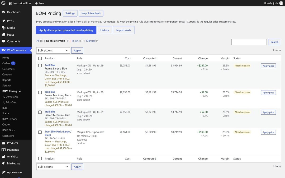 The BOM Pricing review screen listing each kit's cost, computed price, current price, change, margin and status