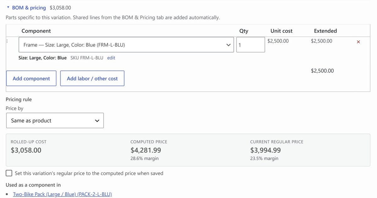 A variation's bill of materials naming the exact part variation with its attributes and SKU, and live cost, price and margin